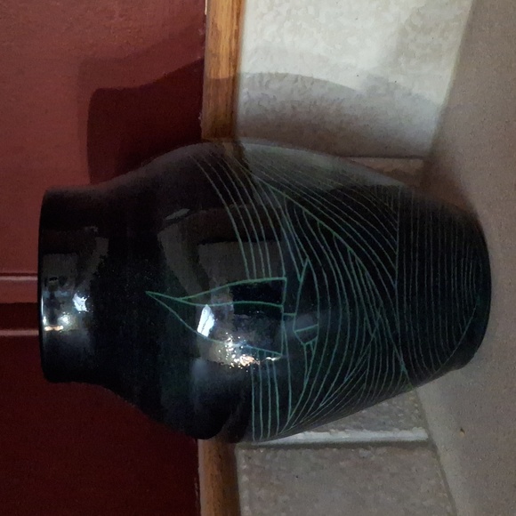 #ACR Pottery vase green with a picture of a sail boat in heavy seas. - Picture 2 of 6